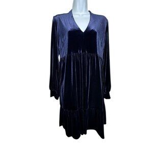 Taylor Navy Blue Velvet Long Sleeve tiered Shift Dress size 10P 10 Petite